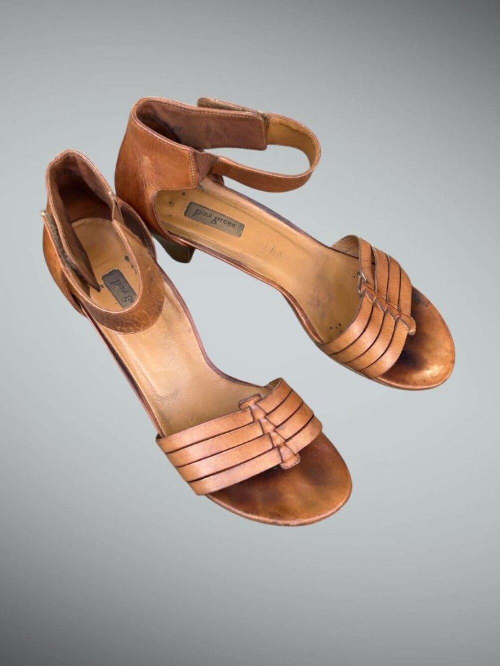 Paul Green Velma Tan Ankle Strap Sandals Stacked Heels Size UK 8 US 10
